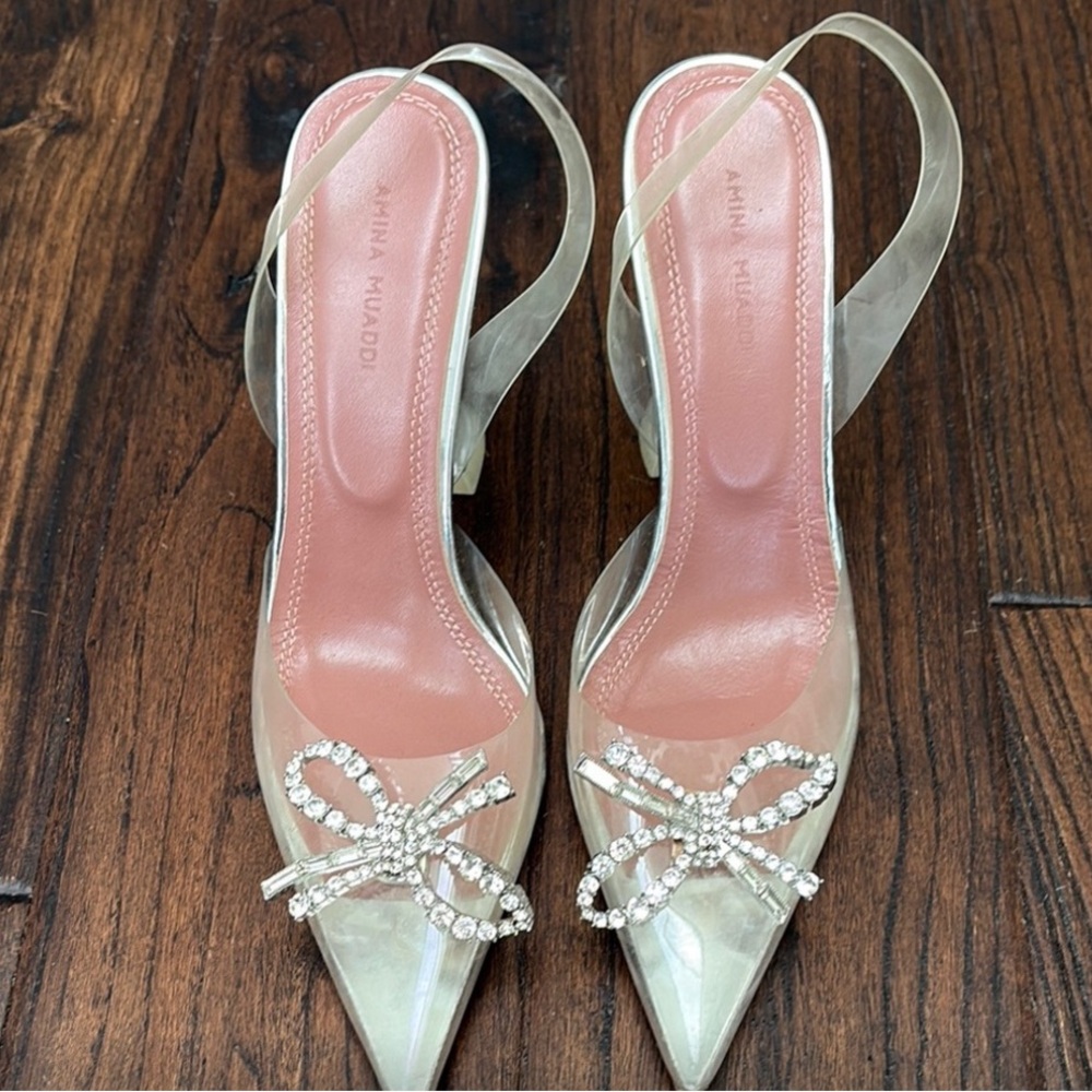 Amina Muaddi Clear Heels with Rhinestone Bow